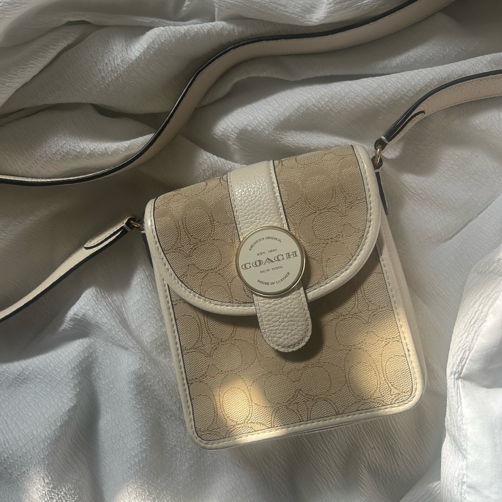 Coach North/South Lonnie Crossbody Bag. Tan + beige